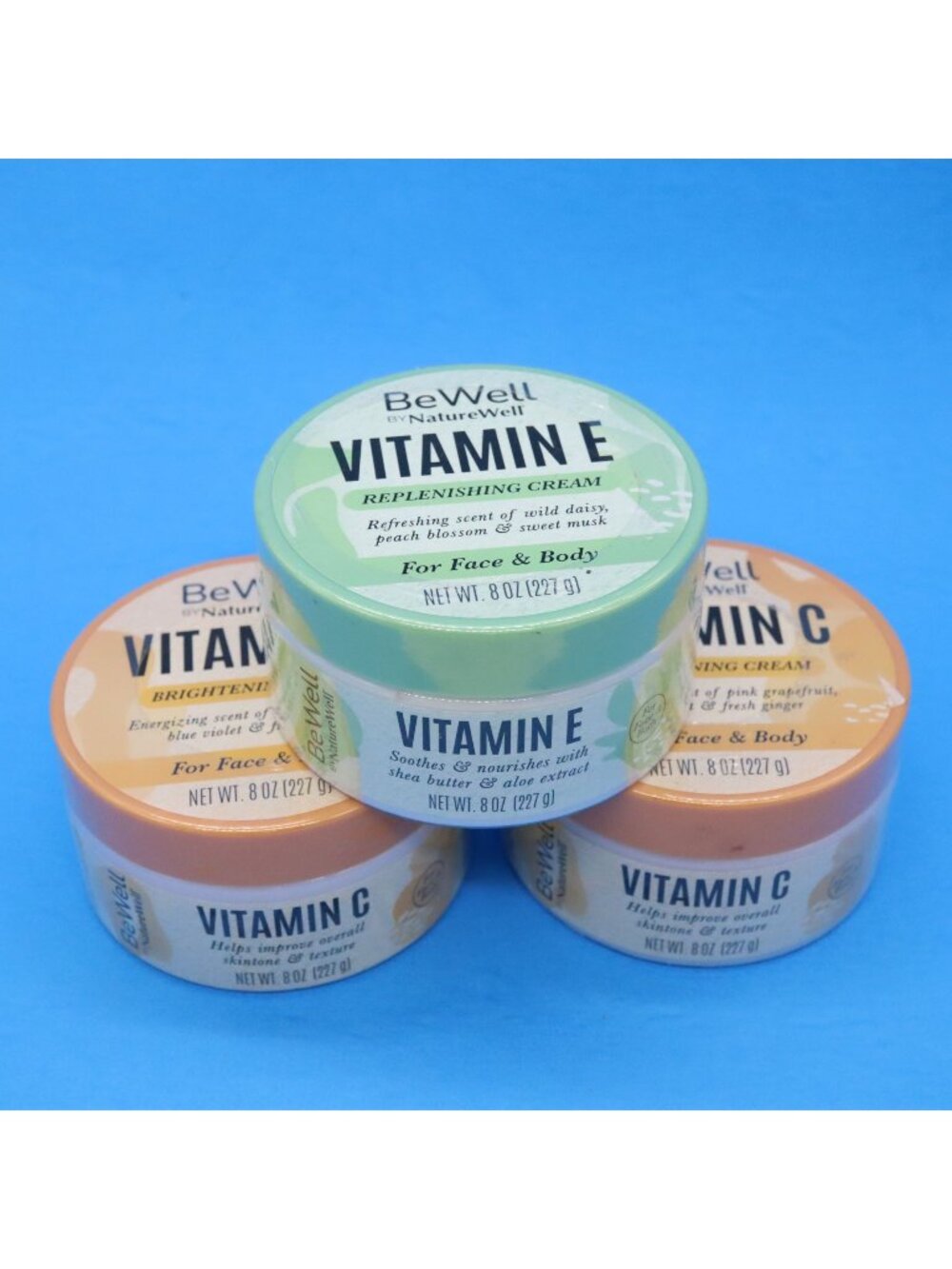 Lot of 3 Be Well Face & Body Cream (2) Vit C Brightening, (1) Vit E Replenishing